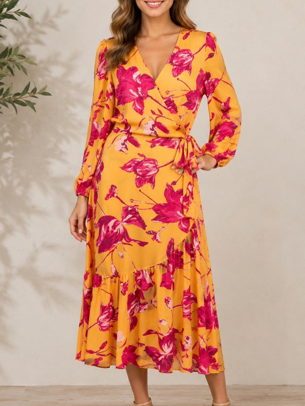 Color Me Courtney Women’s Size M Yellow Floral Wrap Maxi Dress Ruffle Trim